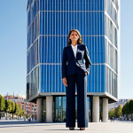 **

A professional businesswoman in a modest business suit, standing confidently in front of the BBVA Tower in Madrid, fully clothed, appropriate attire, safe for work, perfect anatomy, natural proportions, professional photography, high quality, family-friendly.

**