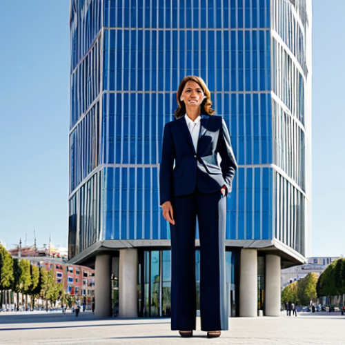 Home 4 **
A professional businesswoman in a modest business suit, standing confidently in front of the BBVA Tower in Madrid, fully clothed, appropriate attire, safe for work, perfect anatomy, natural proportions, professional photography, high quality, family-friendly.
**
