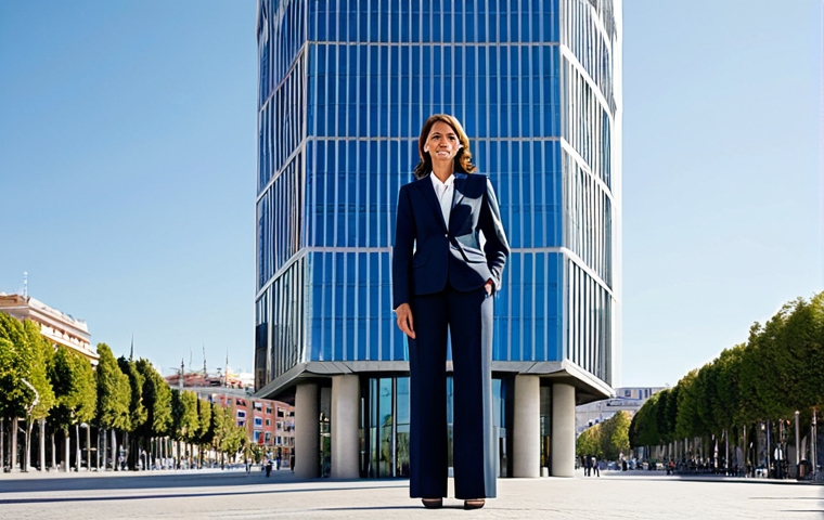 **

A professional businesswoman in a modest business suit, standing confidently in front of the BBVA Tower in Madrid, fully clothed, appropriate attire, safe for work, perfect anatomy, natural proportions, professional photography, high quality, family-friendly.

**